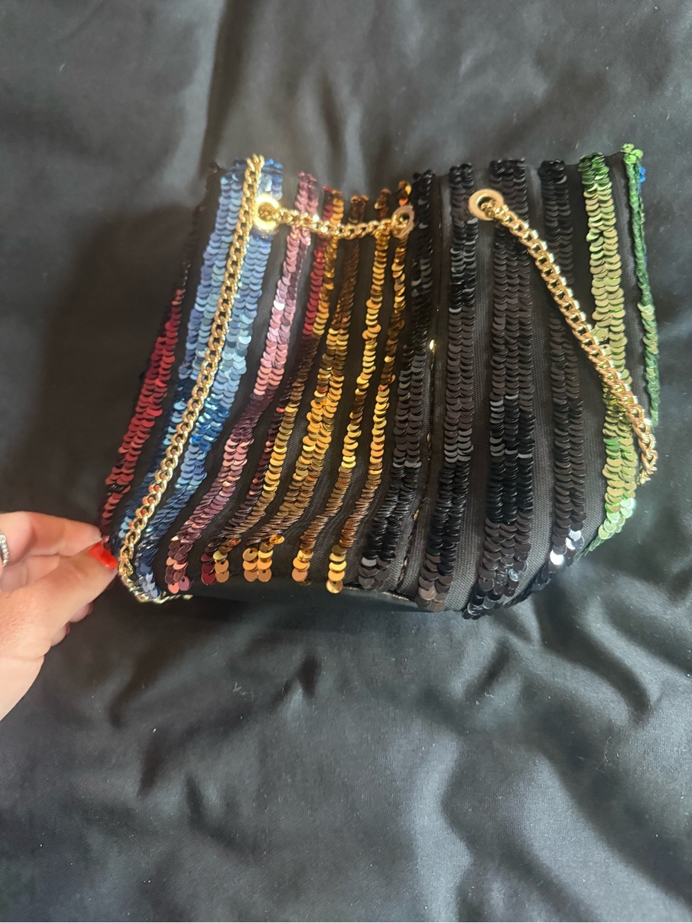 Express Black Sequin Clutch with Rainbow Stripe and Gold Chain